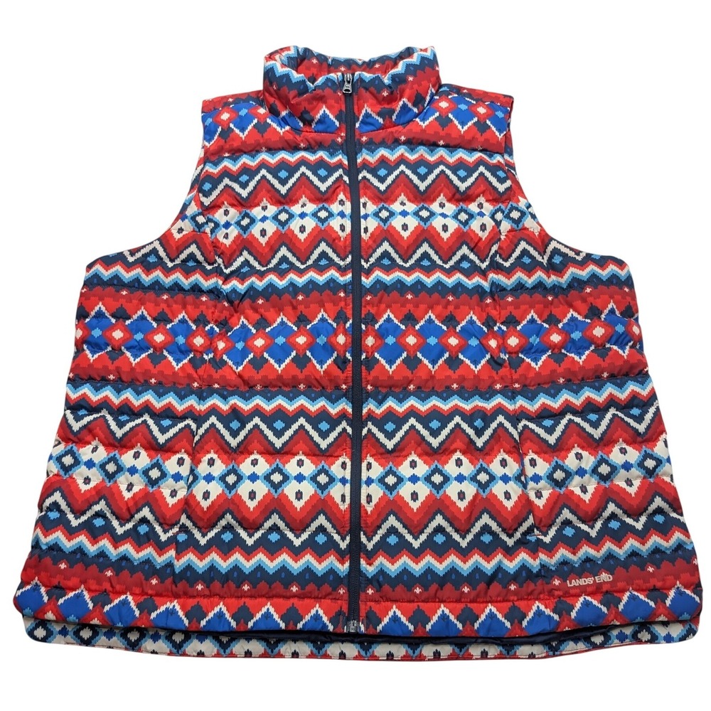 Lands' End Puffer Vest Mens 1X Red Blue Insulated Zip